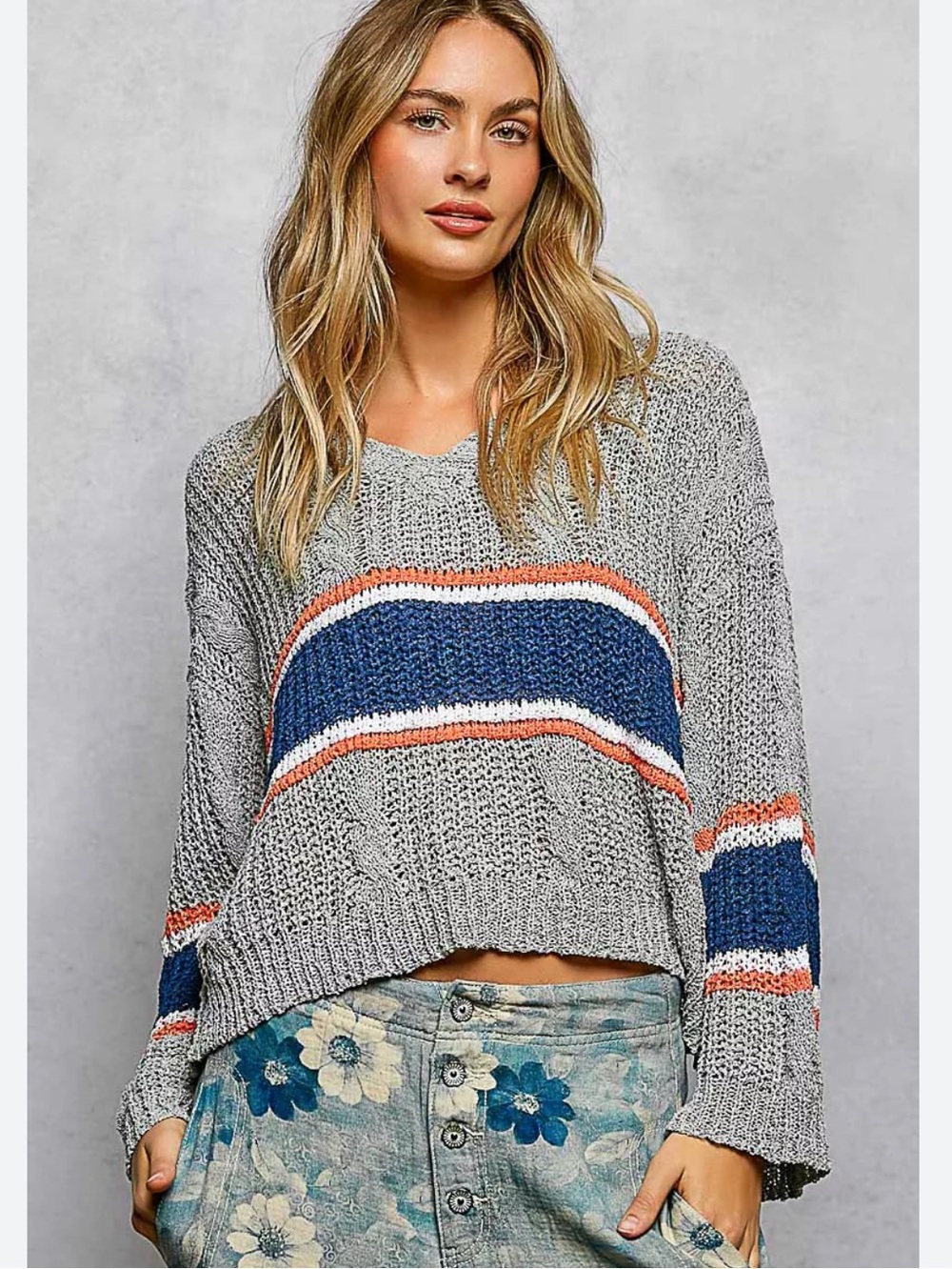 NIP POL Striped Open Cable Knit Sweater